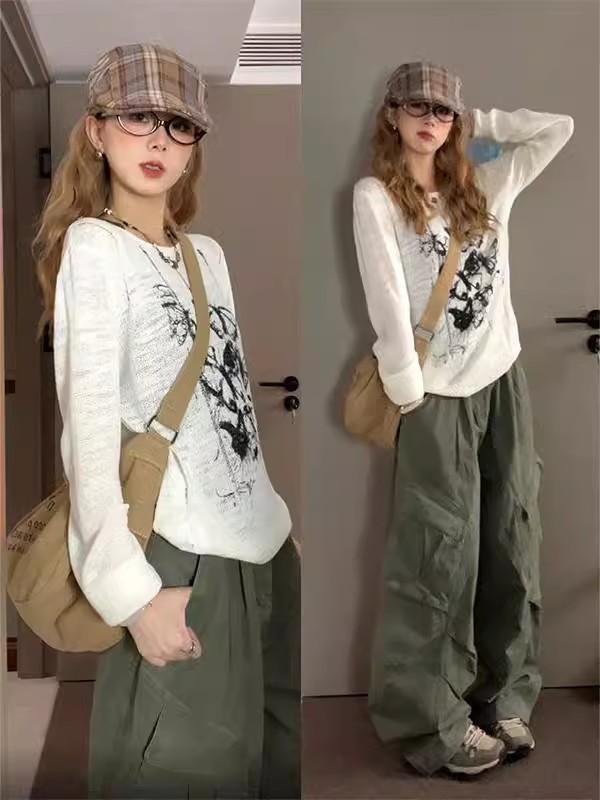 MY1509# 美式复古涂鸦针织长袖t恤女慵懒风小众显瘦镂空薄款罩衫上衣女裝貨源服裝批發