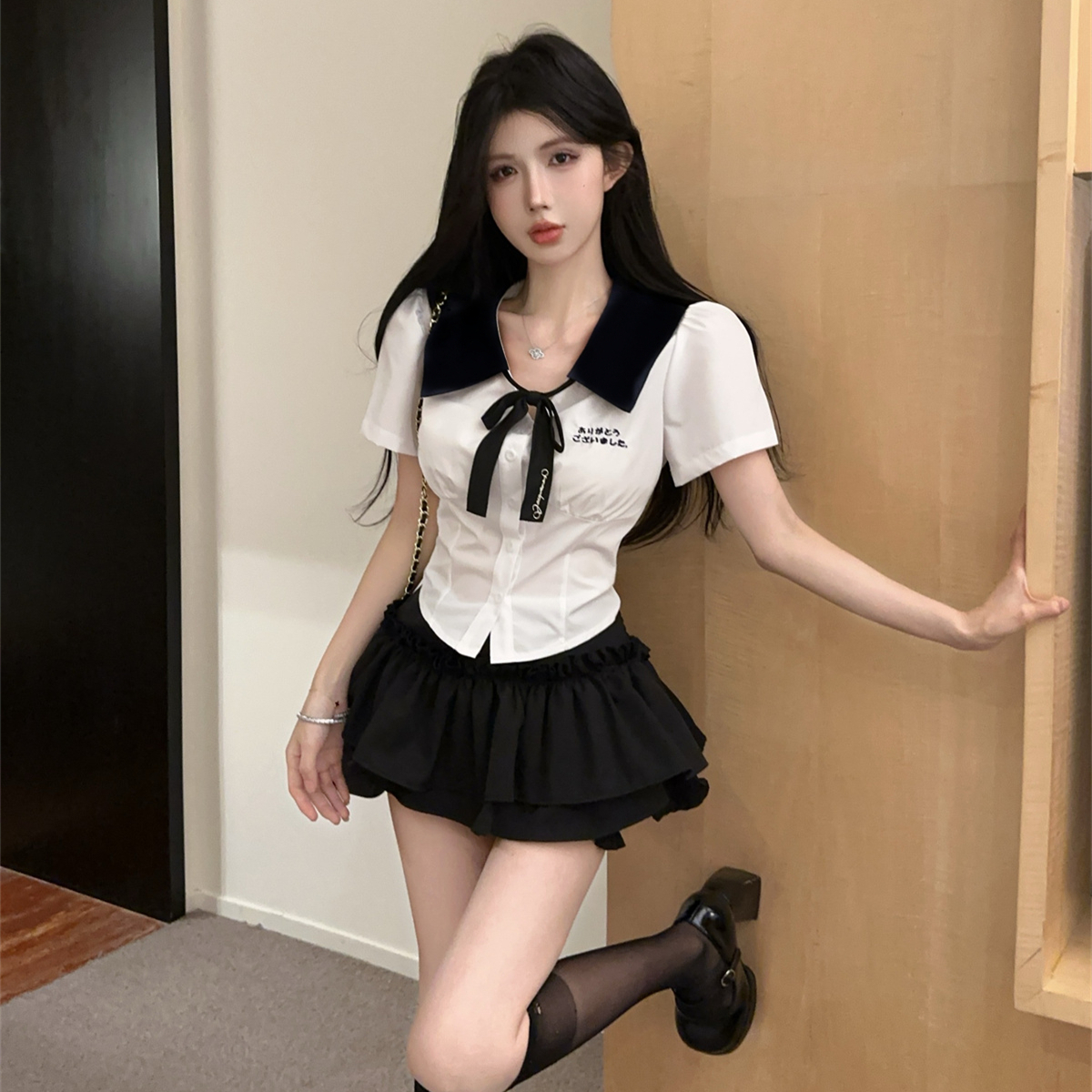 실사 정가 학원 스타일 jk 유니폼 세트 핫걸 반팔 나비 넥타이 셔츠 하이웨이스트 케이크 바지 치마 투피스 세트