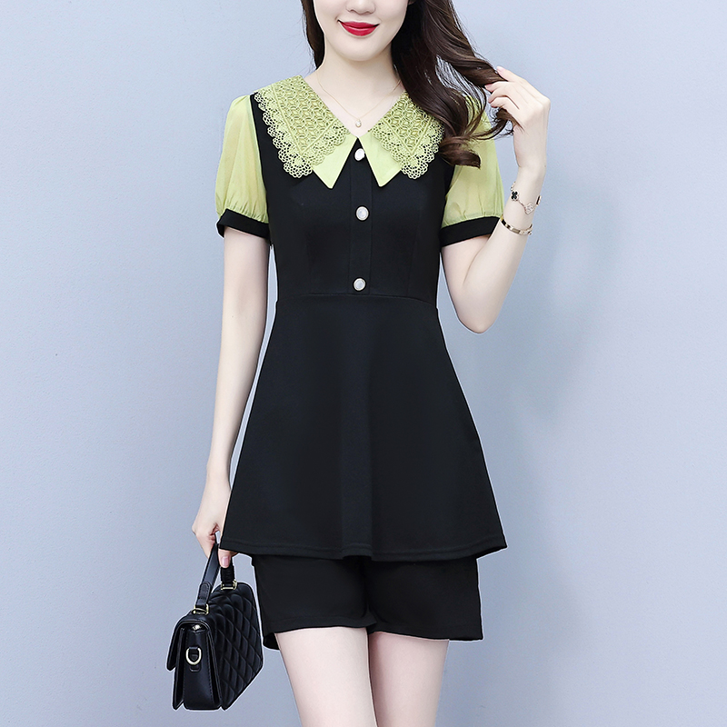 RY1578# 大码女装2026夏季胖mm娃娃领气质拼接修身上衣＋短裤两件套套装女