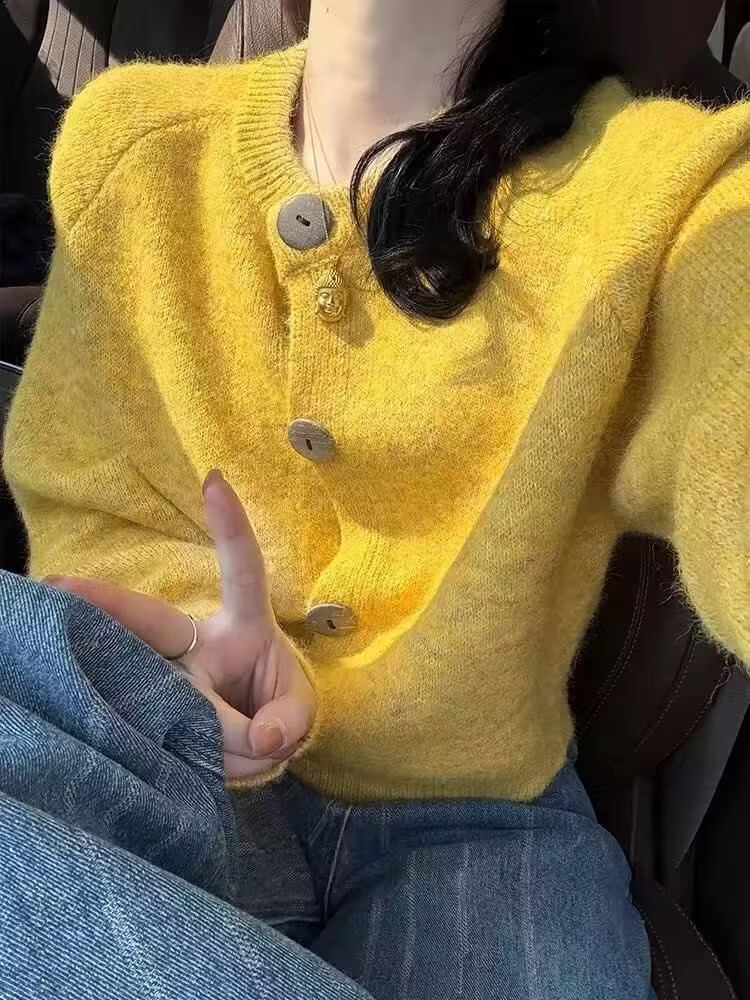 작은 키 부드러운 찹쌀 루즈핏 황색 니트 오픈 가디건 여성 가을 겨울철 착용 가져 가라. 쇼트 스타일 느긋한 바람 스웨터 코트