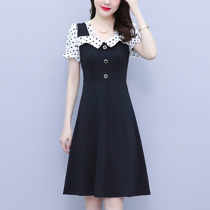 RY1575# 大码女装2026夏季新款胖mm波点拼接喇叭袖气质洋气修身连衣裙女