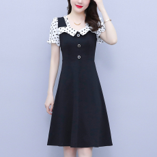批发大码女装2026<b class='q'>夏</b>季新款胖mm波点拼接喇叭袖气质洋气修身连衣裙女