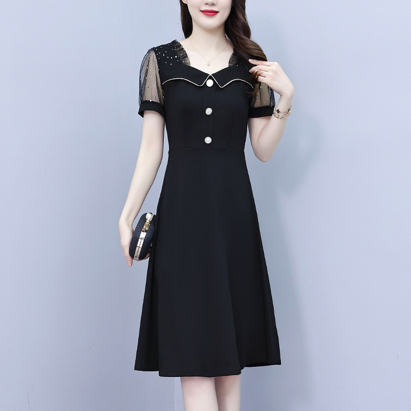MY8634# 大码女装新款胖mm亮片网纱拼接小黑裙修身减龄时尚连衣裙女裝...
