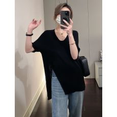 批发天猫抖音质量短袖女中长款夏季薄款V领慵懒遮肉宽松显瘦针织上衣