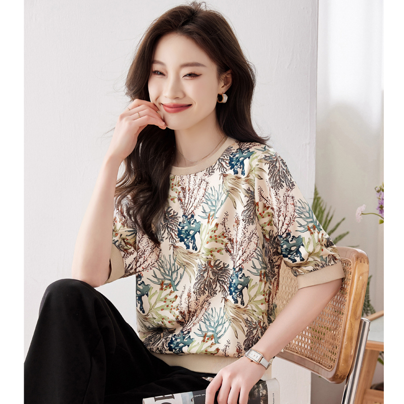 MY12969# 高端缎面仿真丝印花宽松复古五分短袖T恤上衣女裝貨源服裝批...