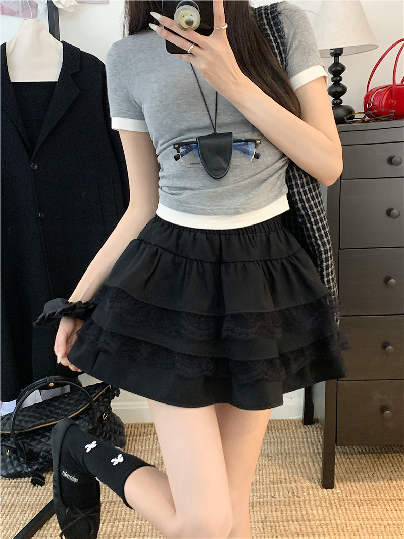 MY7654# 大码夏季新款蕾丝蛋糕裙半身裙女高腰A字百褶蓬蓬短裙女裝貨源...