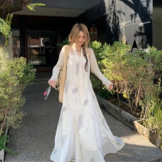 批发微胖新中式复古水墨气质国风吊带连衣裙夏小众设计感温柔脚踝长裙