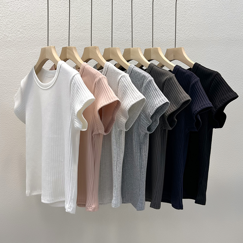 MY1814#  新款时尚百搭圆领短袖T恤女修身显瘦上衣女裝貨源服裝批發