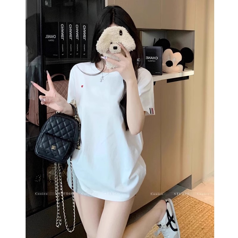 MY938# 爱心刺绣圆领短袖T恤女新款设计感宽松打底衫半袖上衣潮女裝貨源服裝批發