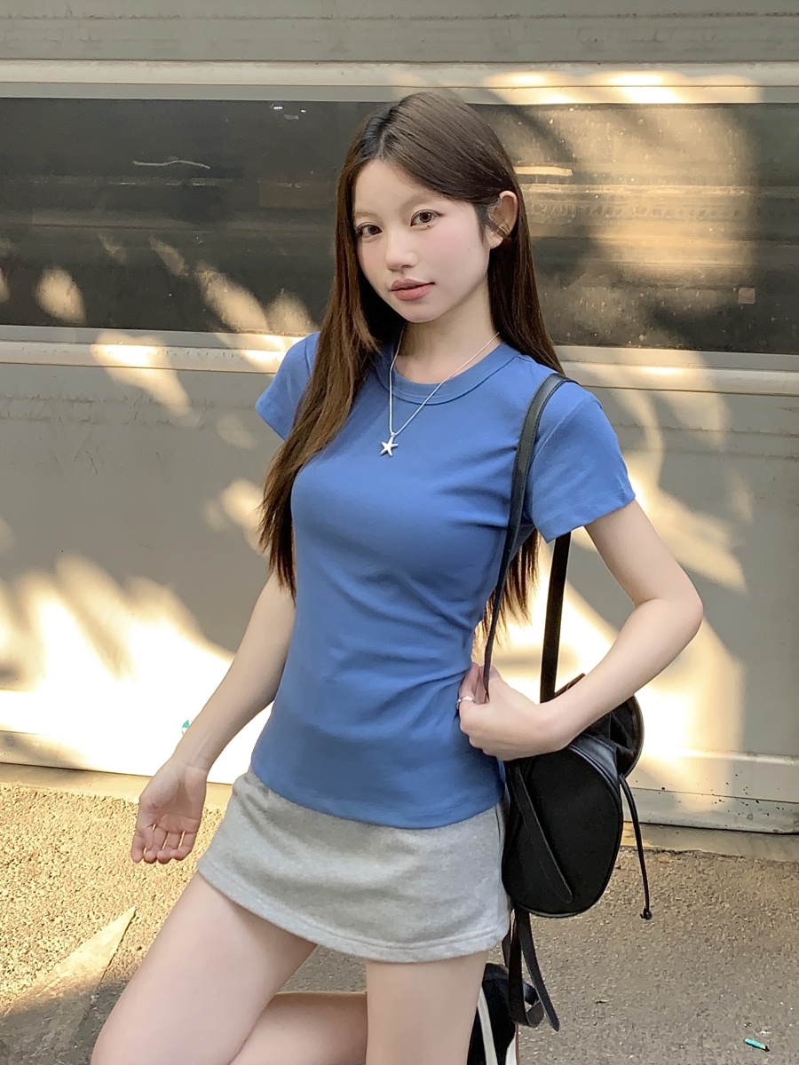 MY936# 纯色正肩短袖T恤女新款圆领修身小个子短款打底上衣女裝貨源服裝批發