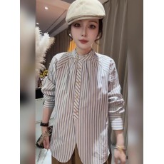 批发春秋新款韩系条纹气质立领半高领长袖衬衫洋气别致衬衣