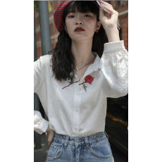 批发初春白色衬衫女设计感简约百搭气质绣花长袖宽松洋气上衣