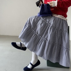 批发有货 韩国chic气质甜美少女校园减龄木耳边格子中长款蛋糕半身裙