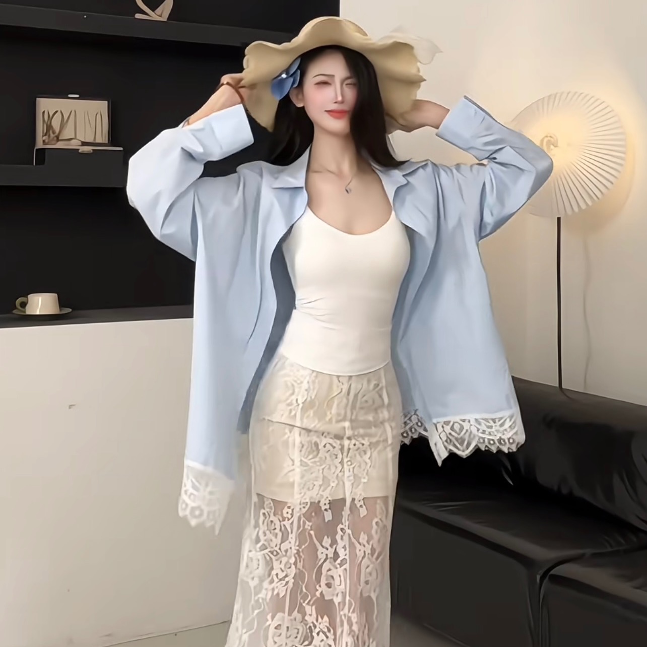 callmeear 아이슬란드 뮤 S 루즈핏 다용도 레이스 셔츠 슬림해 보이는 롱 코트 레이스 반신 스커트