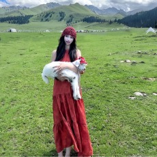 批发新中式复古红色提花挂脖<b class='q'>连衣</b>裙女夏季度假风裙子宽松大摆a字<b class='q'>长裙</b>