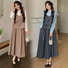 批发实拍大码女装2026春季新款韩版气质拼接波点假两件半身裙显瘦套装