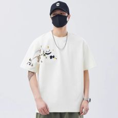 批发官图32支双纱短袖t恤女夏2025新款刺绣修身正肩短款圆领韩版上衣