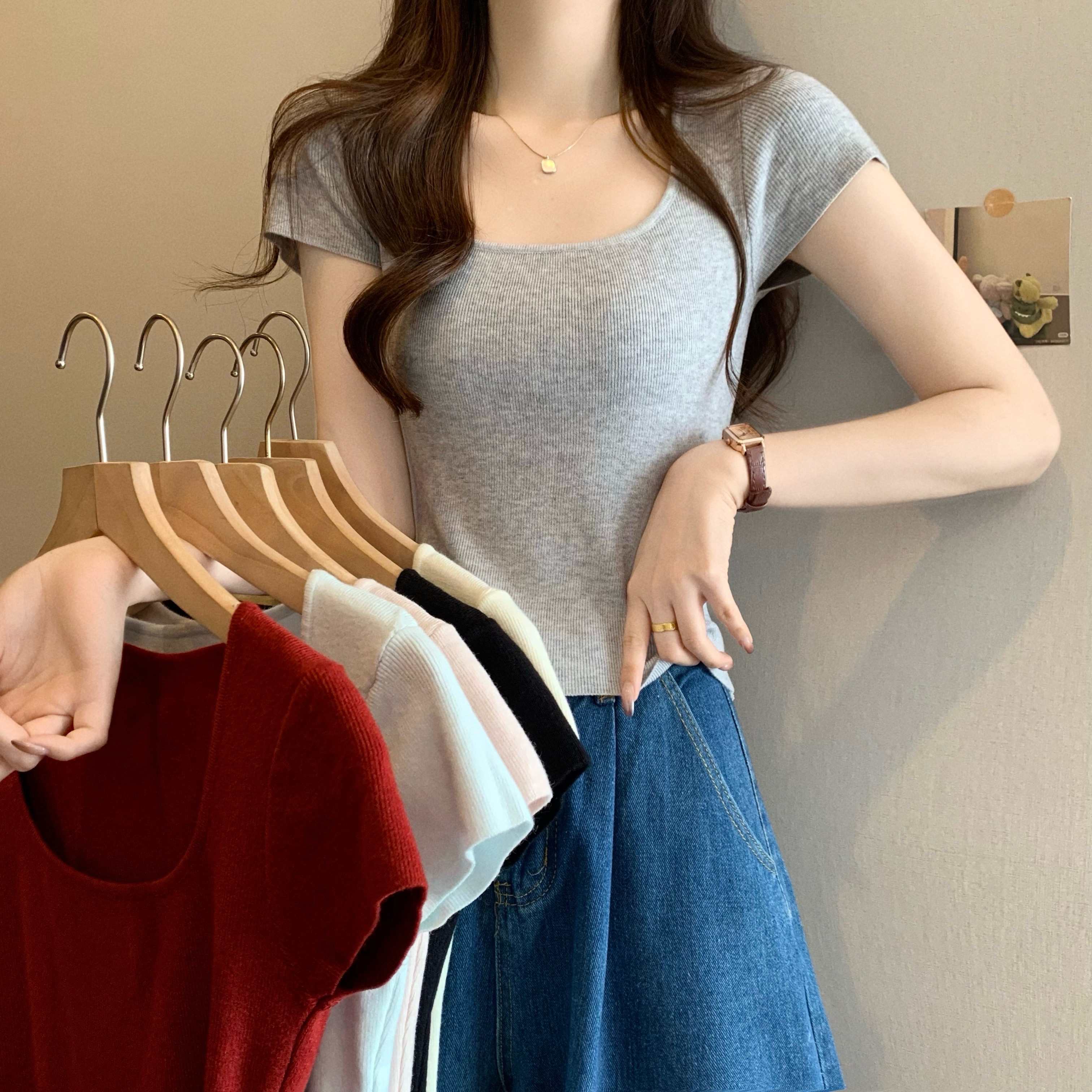 MY1005# 新版韩风设计感温柔方领正肩短袖短款T恤女裝貨源服裝批發