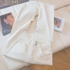 批发米白色牛仔裤女春季2026新款高腰显瘦小个子双扣修身直筒烟管裤子