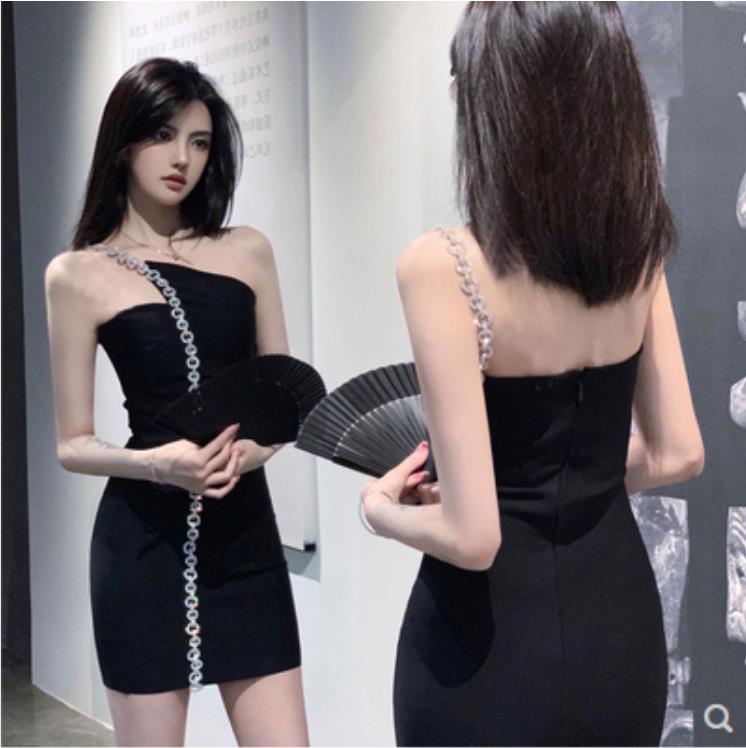 FA25991# 纯欲性感斜肩收腰连衣裙黑色小个子修身显瘦包臀裙 服裝批發女裝批發服飾貨源