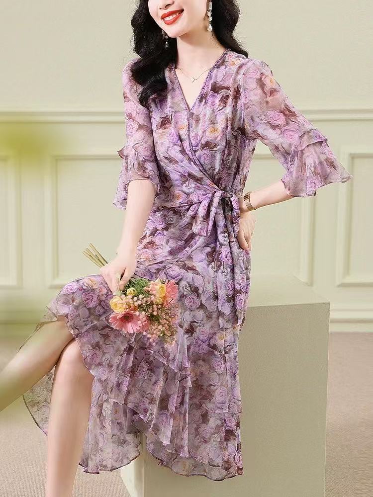 MY1340# 真丝连衣裙新款轻奢名媛法式长裙桑蚕丝一片式碎花裙女裝貨源服裝批發