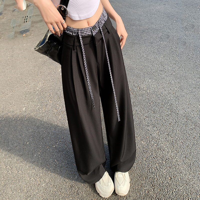 MY1659# 美式慵懒风格子拼接西装阔腿裤女春夏新款宽松直筒休闲运动直筒裤女裝貨源服裝批發