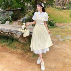 批发甜美减龄森系短袖<b class='q'>连衣裙</b>女2026夏季韩版少女假两件黄色格纹长裙子