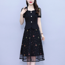 批发大码女装2026<b class='q'>夏</b>季韩版胖mm西装领镂空绣花网纱拼接显瘦洋气连衣裙