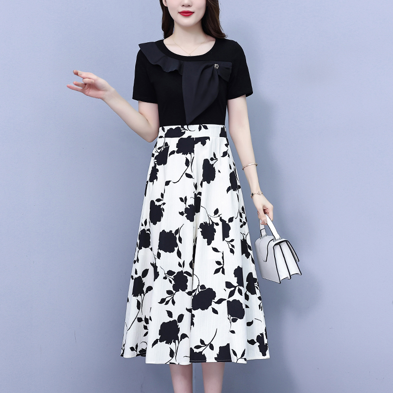 RY9462# 大码女装2025夏季韩版胖mm荷叶边拼接简约洋气显瘦时尚连衣裙淑女