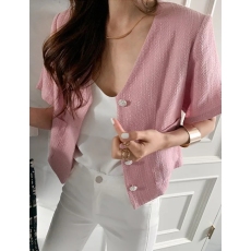 批发尺寸已更新 韩国chic 法式V领别致宝石纽扣粗花呢开衫外套