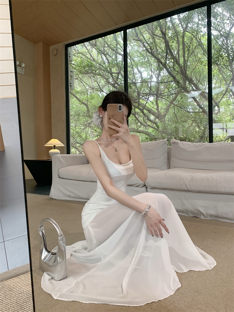 실사 정가 디자인 센스 망사 패치워크 슬립 여성 드레스 봄 여름 품격 허리 수축 페이크 레이어드 롱 스커트