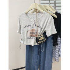 批发实拍【260克莫代尔螺纹】正肩短袖<b class='q'>T</b><b class='q'>恤</b>女短款夏季上衣抽绳收腰