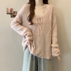 批发实拍~大码慵懒粉色斜肩毛衣女<b class='q'>秋</b>新款宽松套头针织衫假两件上衣