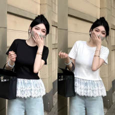 批发夏装<b class='q'>大码</b>芭蕾风蕾丝拼接短袖t恤胖mm显瘦内搭打底上衣M-4XL200斤