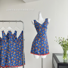 批发Nauo Nauo原创南法蓝色碎花复古V领无袖显瘦连衣收腰背心女夏