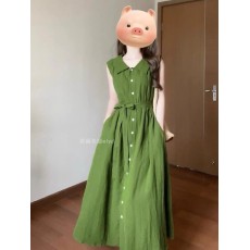 批发大量货，四面弹面料法式绿色翻领无袖连衣裙女夏季气质单排扣长裙