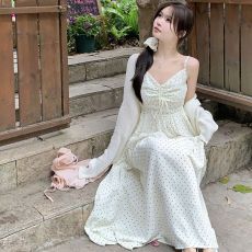 批发外贸波点吊带裙内搭<b class='q'>连衣裙</b>女夏季新款收腰显瘦绑带抽褶印花长裙子