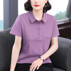 批发<b class='q'>妈妈装</b>2026年新款POLO领短袖口袋体恤纯色洋气<b class='q'>上衣</b>宽松休闲遮肚