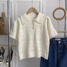 批发镂空polo领短袖针织衫女<b class='q'>夏季</b>t恤内搭2025新款小衫茶艺风掐腰上衣