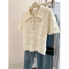 批发镂空polo领短袖针织衫女<b class='q'>夏季</b>t恤内搭2025新款小衫茶艺风掐腰上衣