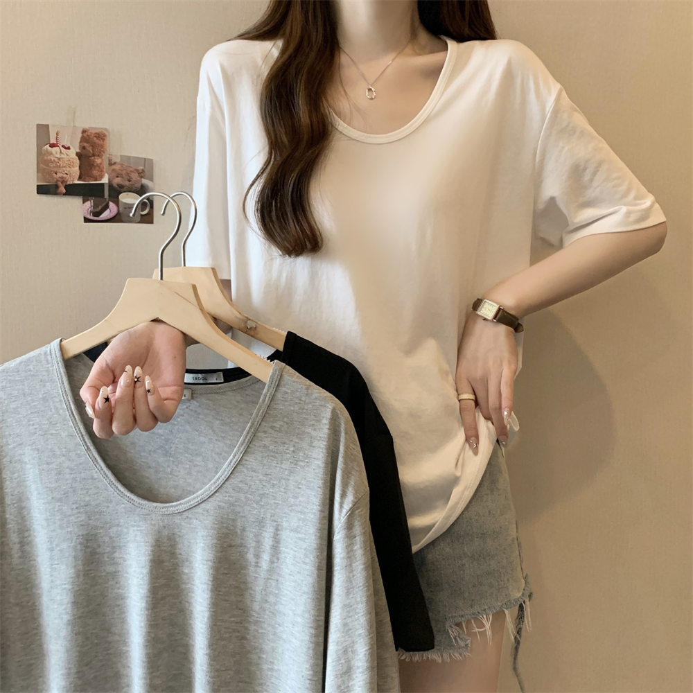 RY342# 实拍  夏季韩版百搭设计感U领薄款打底衫女新款宽松短袖T恤女