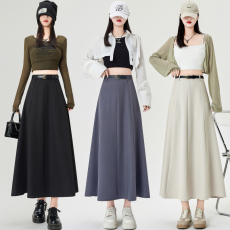 批发灰色简约西装料长裙春夏女显瘦垂感通勤中长款a字裙半身裙大摆裙