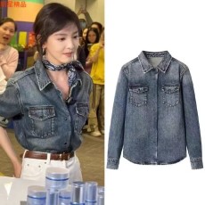 批发欧货2025冬新款章<b class='q'>若</b>楠明星同款复古<b class='q'>蓝</b><b class='q'>水</b>洗牛仔衬衫女内搭长袖上衣
