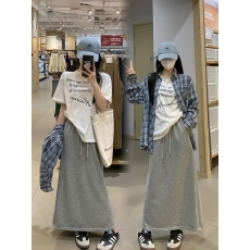 批发实拍 韩系休闲简约字母印花T恤女+POLO领格子衬衫+显瘦半裙套装潮