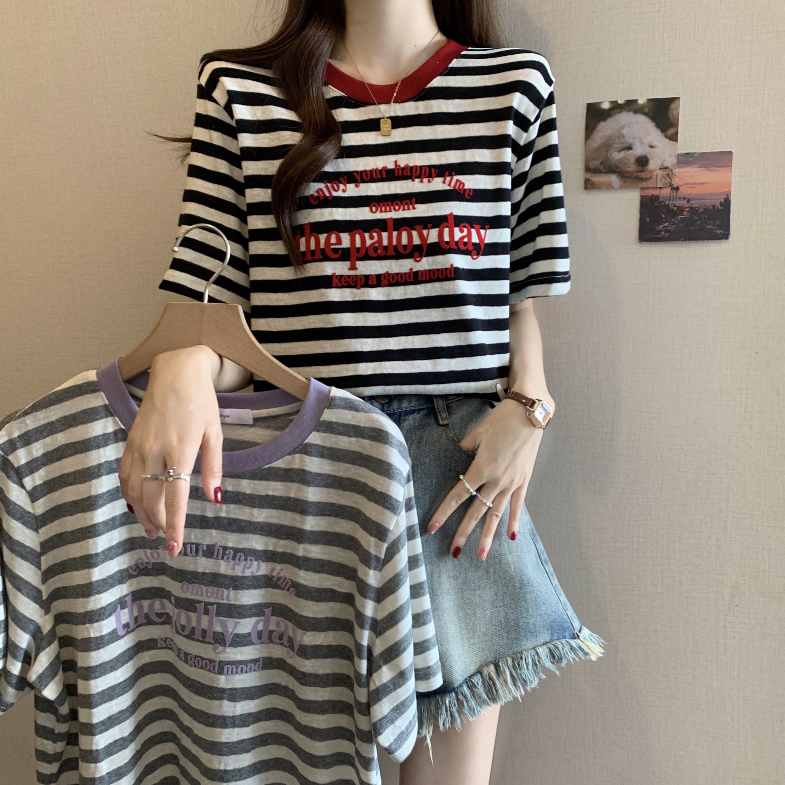 MY1244# 新款韩版百搭条纹撞色包边条纹字母印花女上衣T恤女裝貨源服裝批發