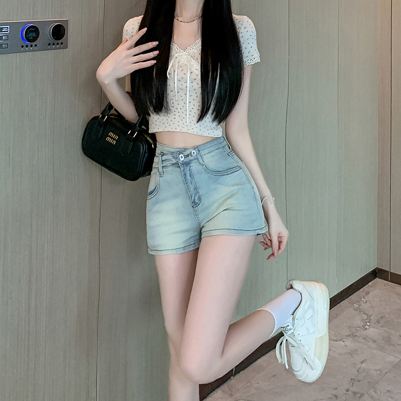 MY1288# 假两件牛仔短裤女夏季A字裤高腰不规则洋气绑带裙裤辣妹女裝貨源服裝批發