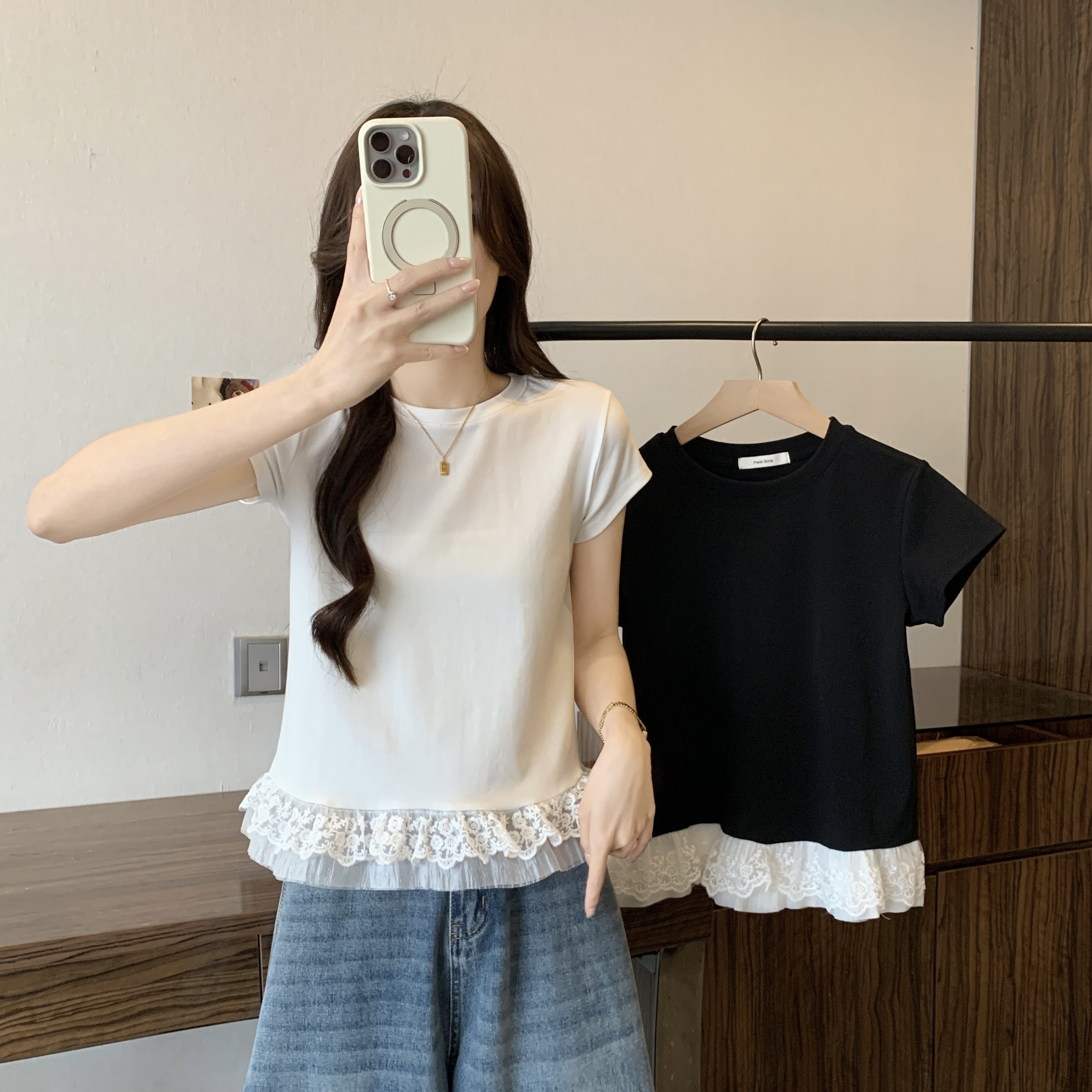 MY1272# 大码女装春夏季蕾丝花边下摆拼接长袖T恤胖MM纯色内搭打底衫上衣女裝貨源服裝批發