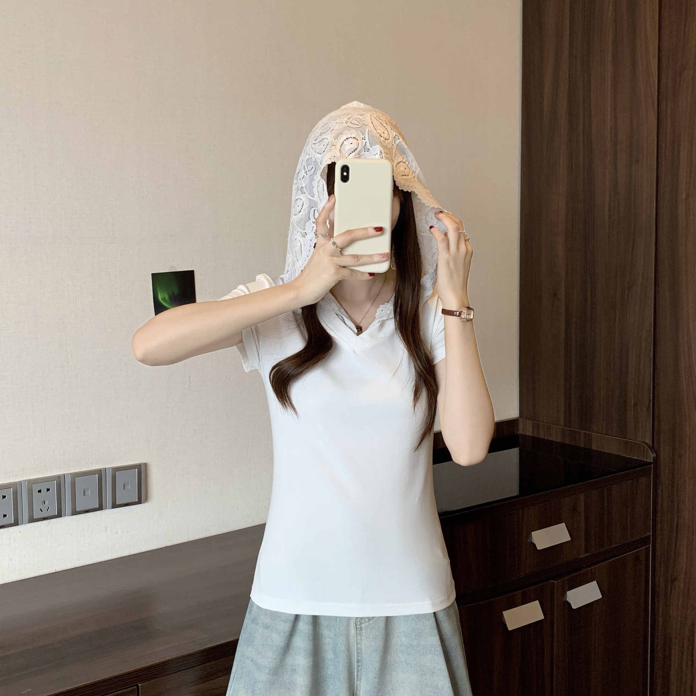 MY1242# 蕾丝连帽短袖T恤新款小衫大码胖mm假两件上衣女裝貨源服裝批發