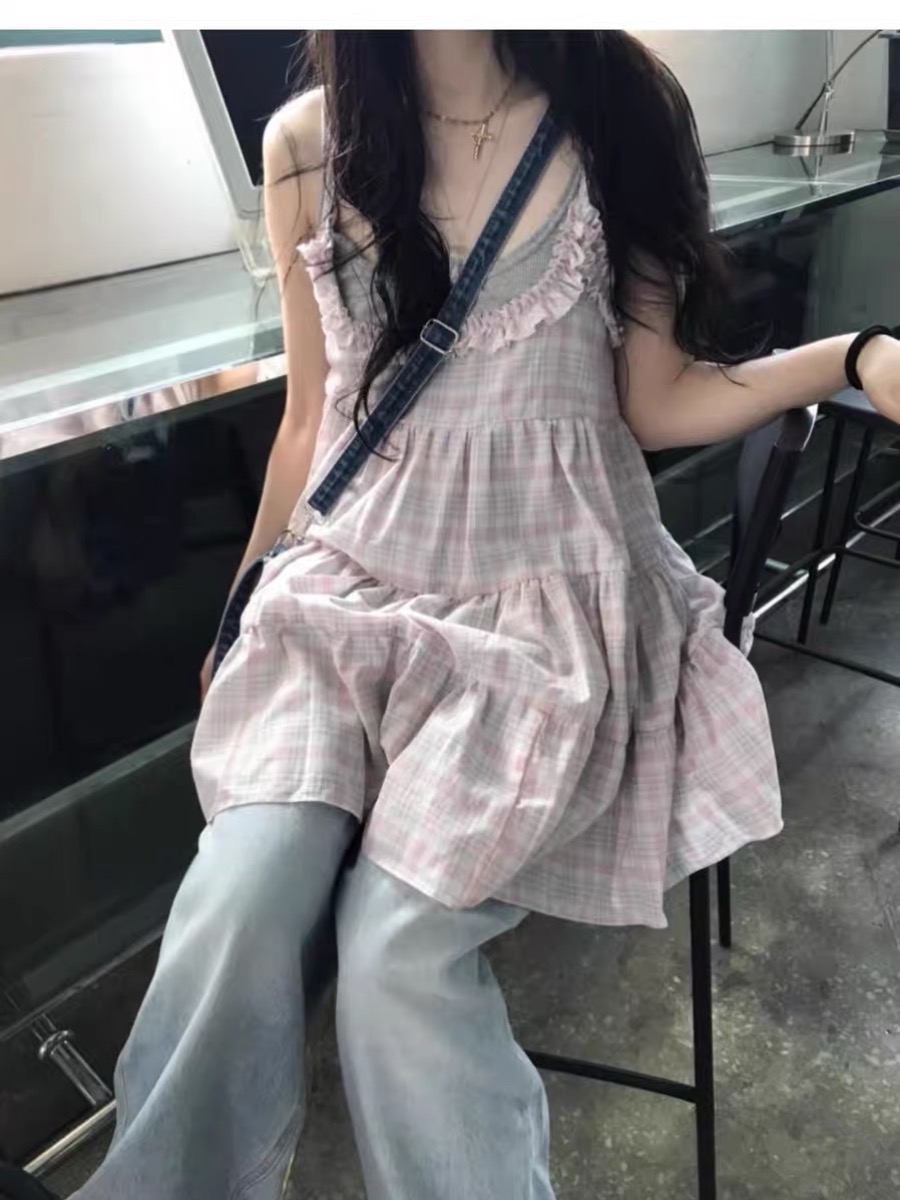 한국 스타일 레트로 달콤함 소녀 귀여운 퍼프 체크무늬 레이스 슬립 케이크 드레스