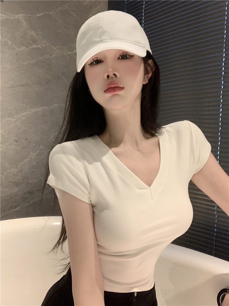 MY1504#纯棉螺纹 纯棉正肩V领白色短袖t恤女夏女裝貨源服裝批發